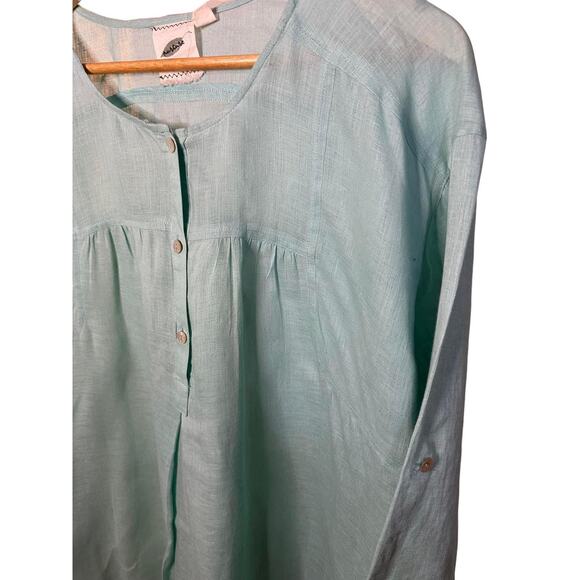 Nurture Green Linen Round Neck Blouse 3/4 Sleeves Large - Picture 2 of 7
